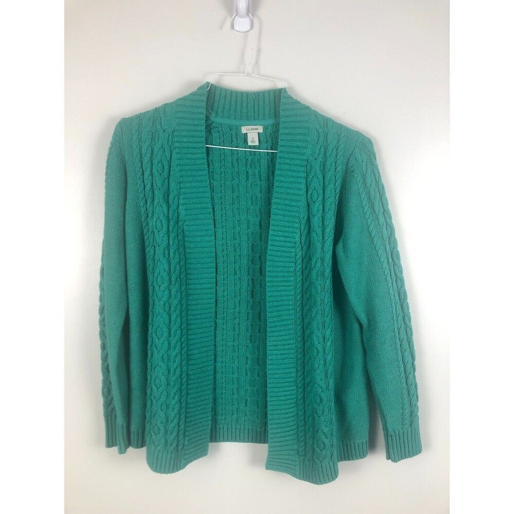 L.L. Bean Open Front Cable Knit Sweater Womens Sz S Green Long Sleeve Ribbed